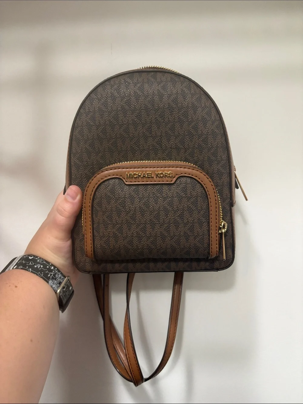 Michael Kors Brown Logo Mini Backpack with Tan Trim